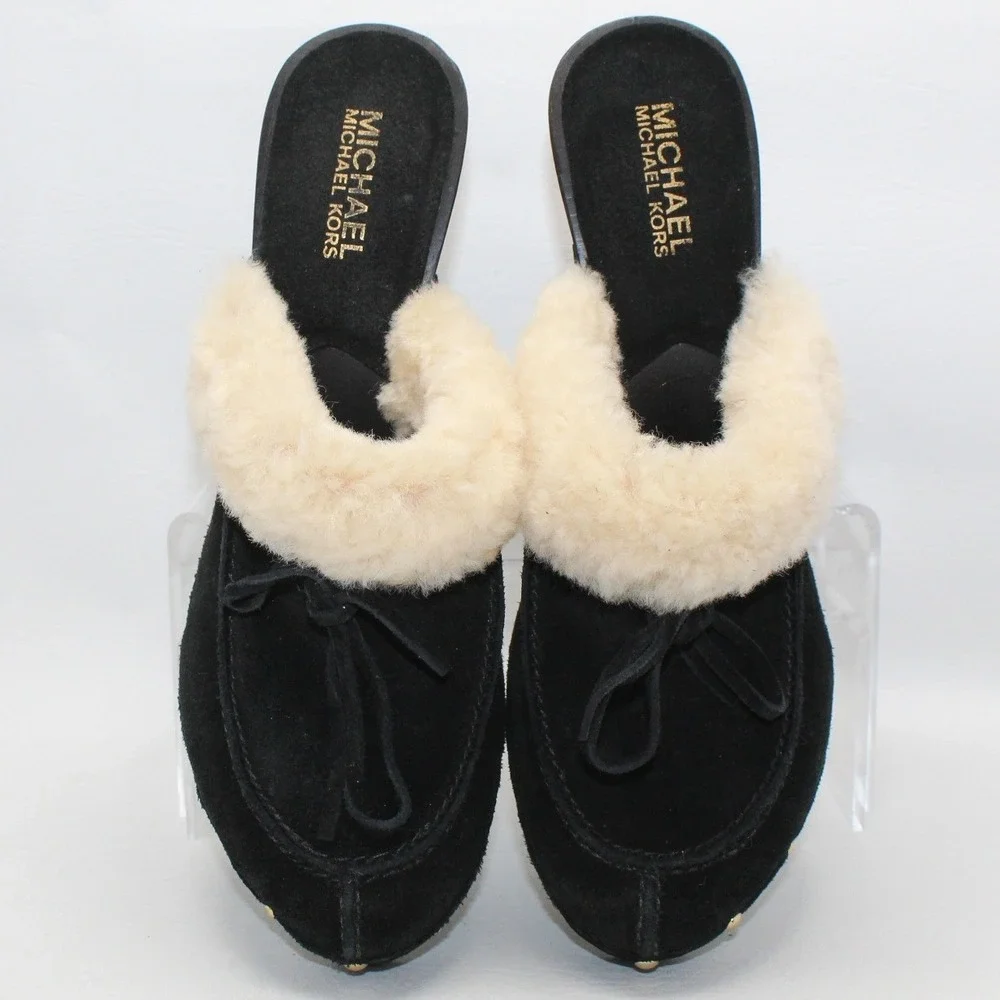 Michael Kors Black Suede‎ Shearling Trim Studded Platform Clogs Heels 8.5M NWOB